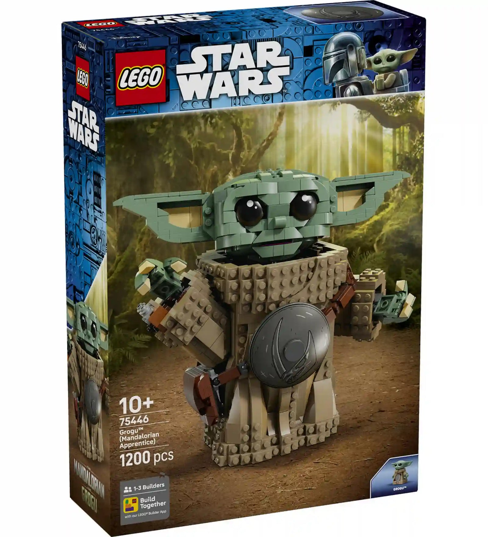LEGO Star Wars: Grogu (Mandalóri tanonc) dobozkép, nagy méretű Grogu figura erdei háttérrel, 75446-os készlet előlapja.