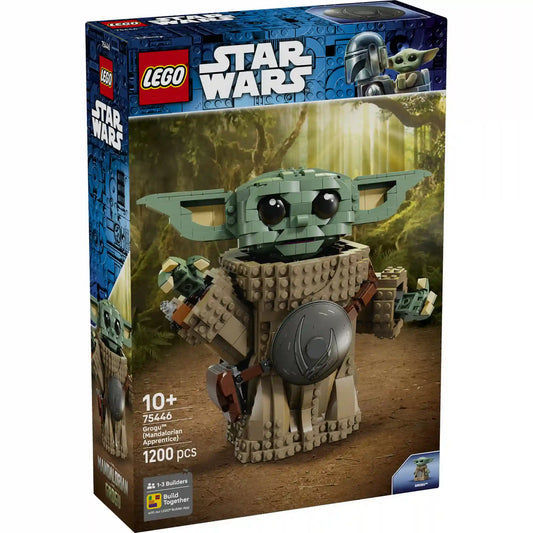 LEGO Star Wars: Grogu (Mandalóri tanonc) dobozkép, nagy méretű Grogu figura erdei háttérrel, 75446-os készlet előlapja.