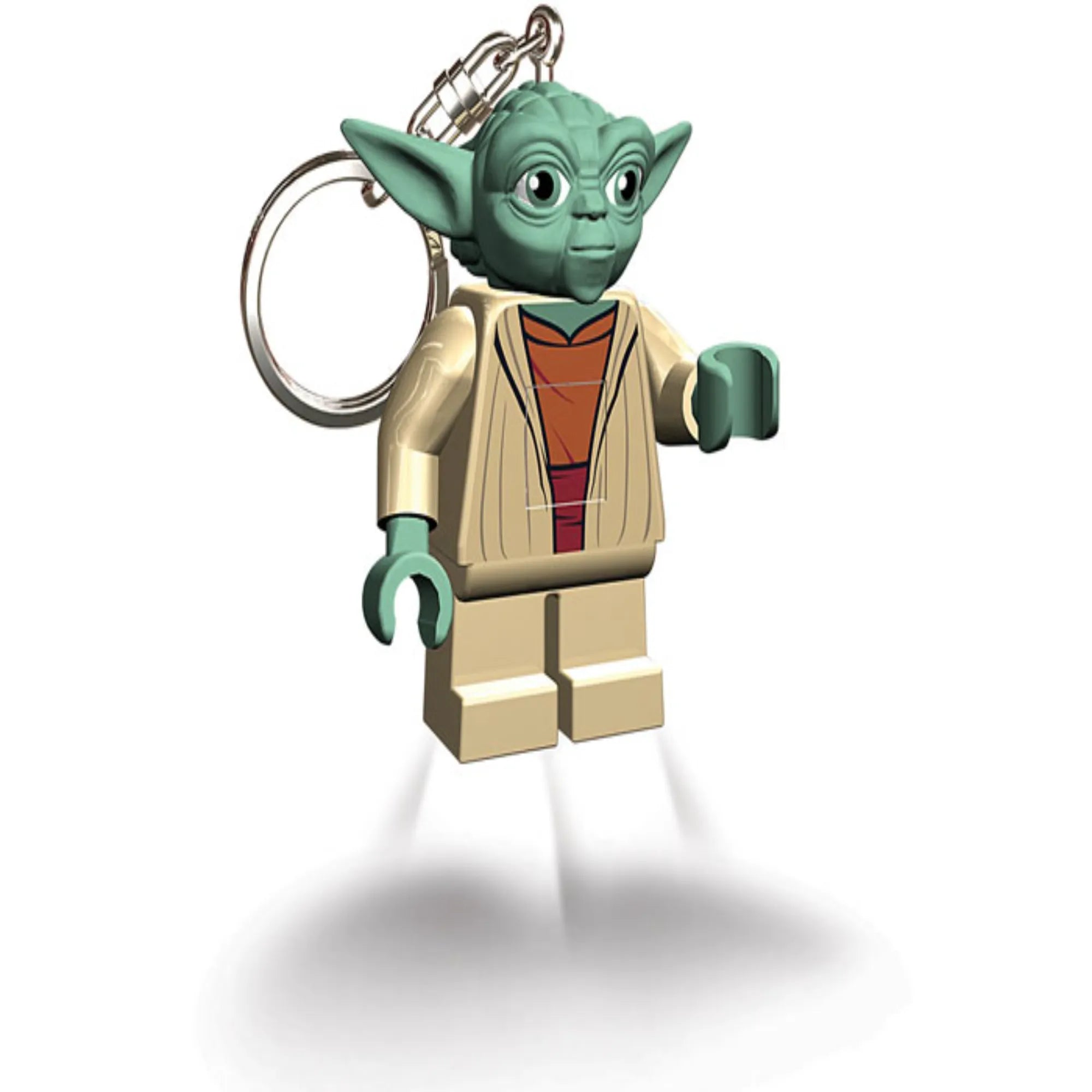 Bekapcsolt állapotban látható LEGO Star Wars Grogu kulcstartó, amelynek lábából két erős LED-fény világít, praktikus kulcskiegészítőként.
