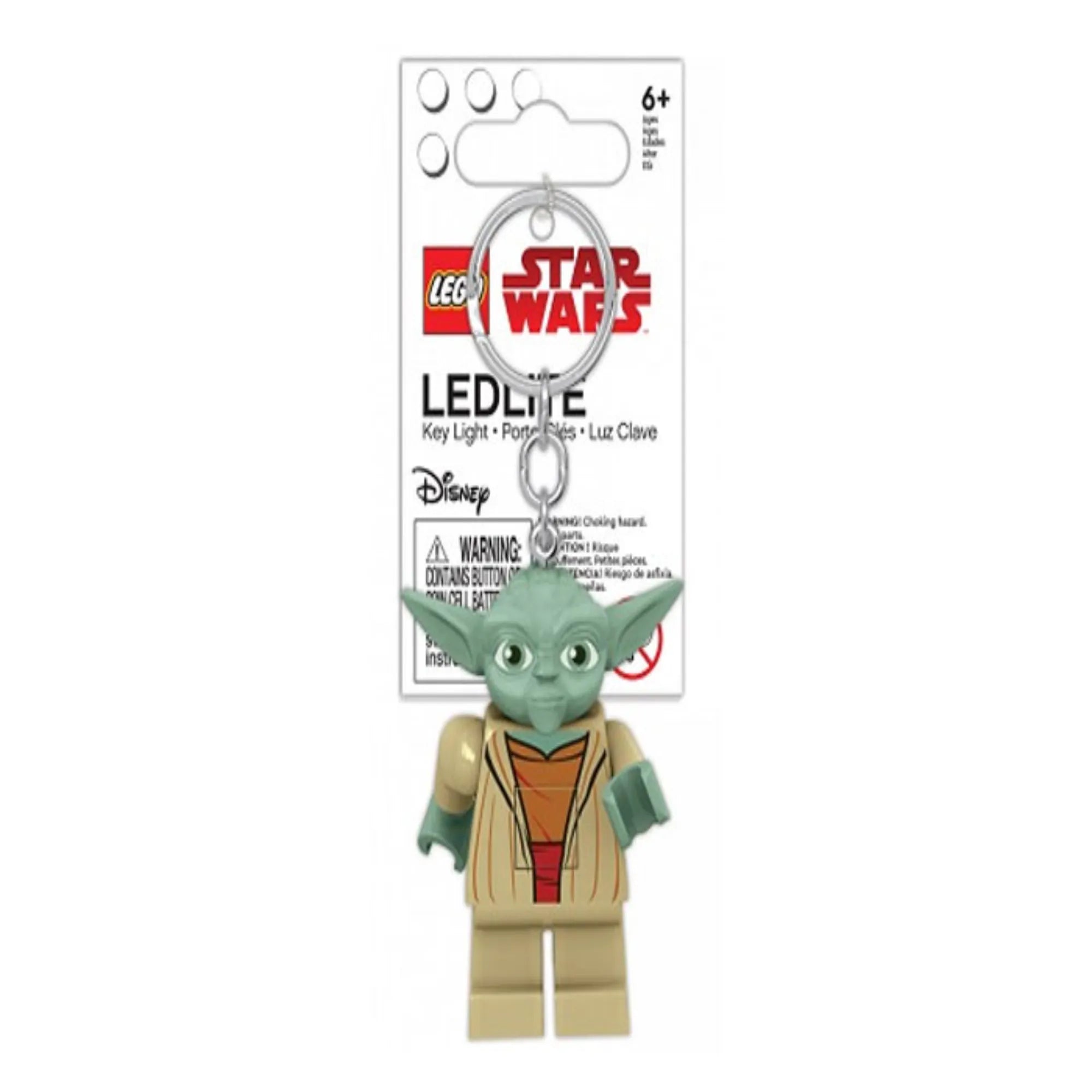 LEGO Star Wars Grogu világító kulcstartó fehér csomagolásban, Disney logóval. A kulcstartó LED fényforrással és 6 éves kortól ajánlott.