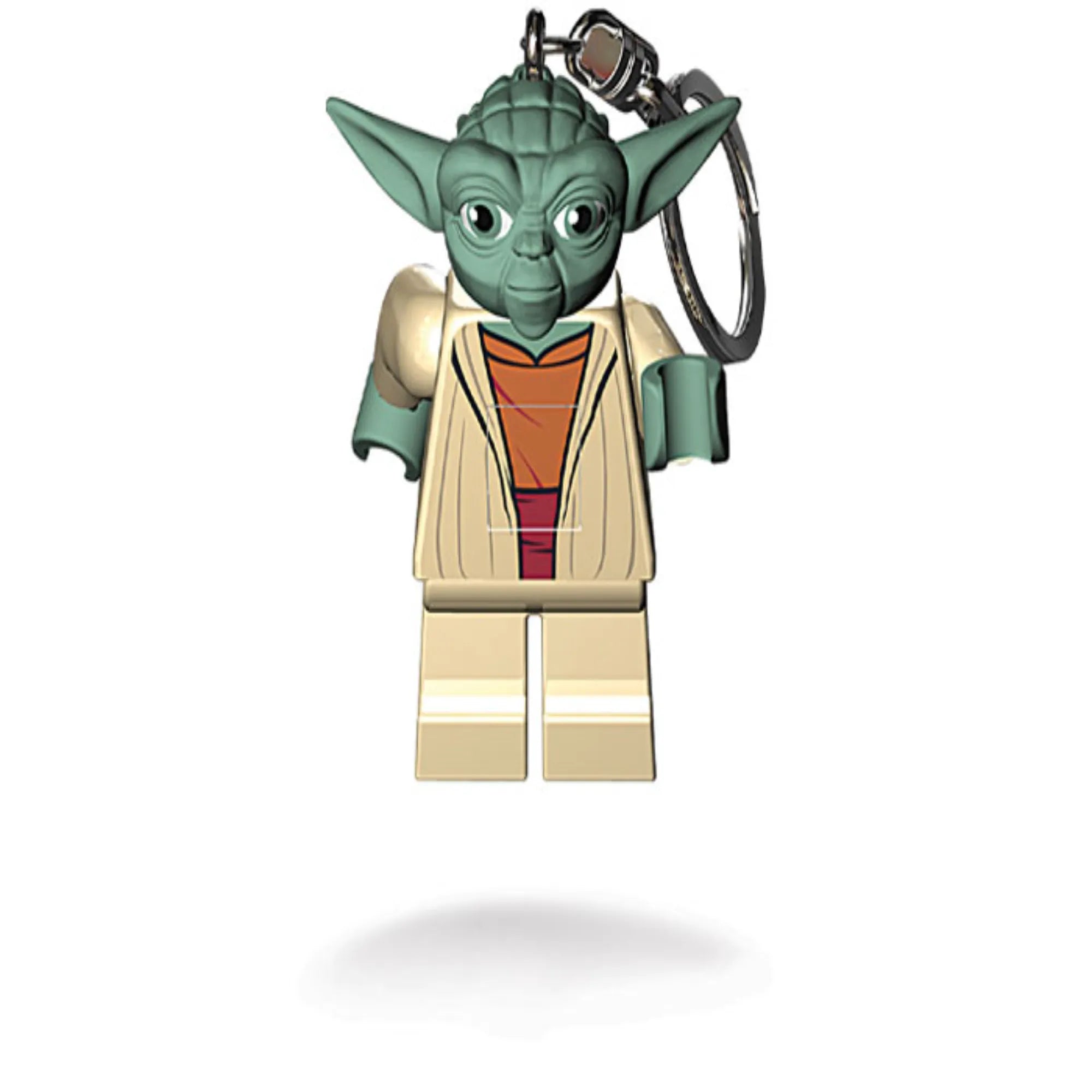 Közelről fotózott LEGO Star Wars Grogu kulcstartó, részletgazdag minifigura formában, mozgatható végtagokkal, 7,5 cm-es méretben.