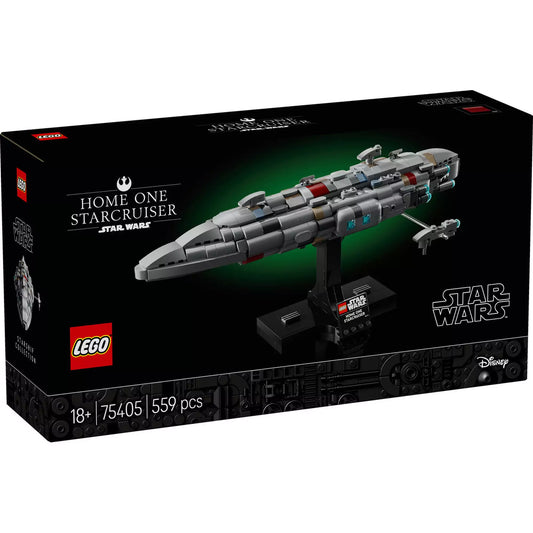  A LEGO Star Wars Home One-típusú csillagcirkáló (75405) doboza, amely kiemeli a készlet részleteit és az 559 darabból álló építési kihívást.