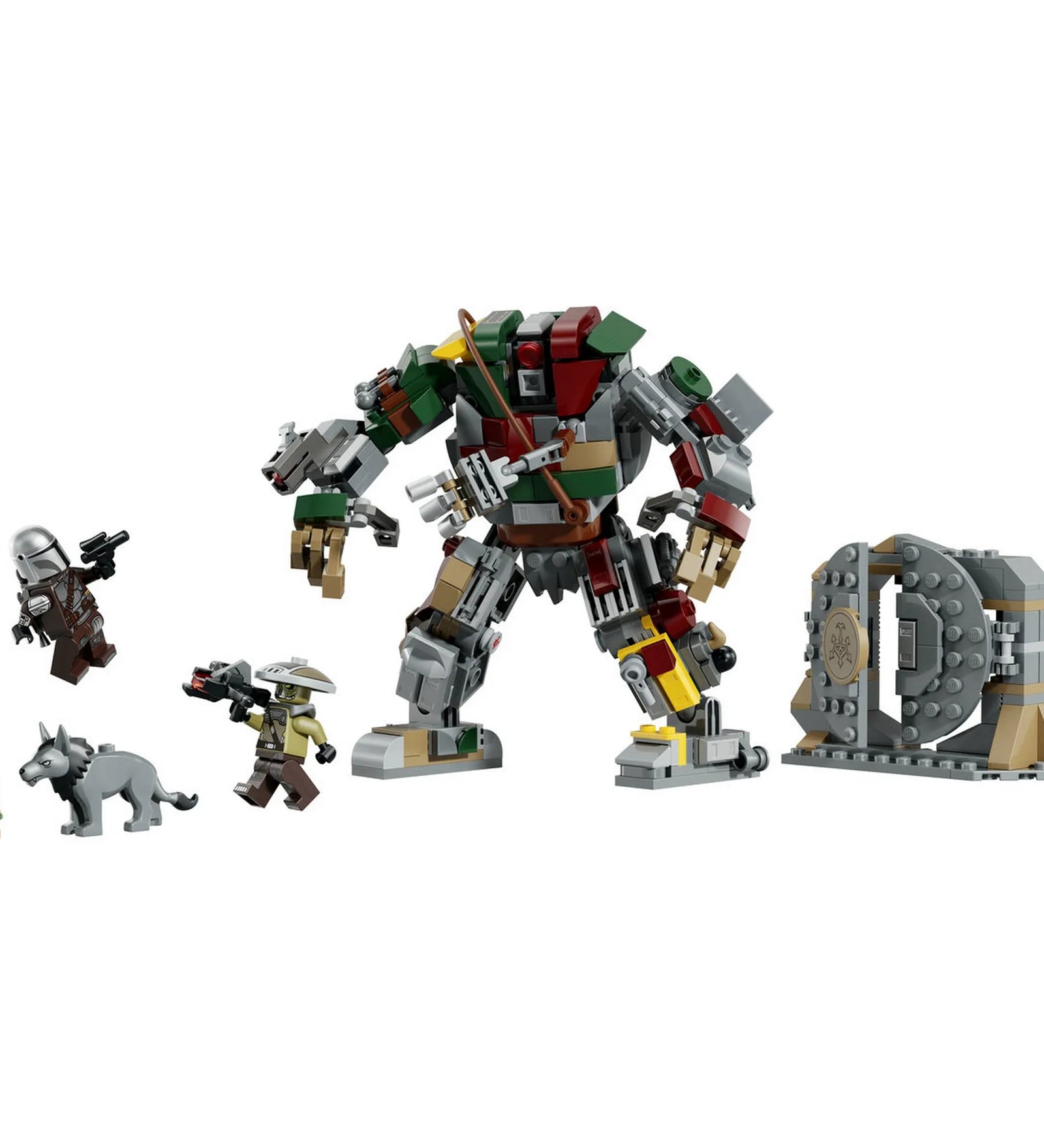A LEGO Star Wars: Hutt-palota: leszámolás az őrszem droiddal 75451 megépített őrszem droidja, a páncélterem ajtaja, a Mandalóri, Grogu, Keibu és a farkasszerű lény.