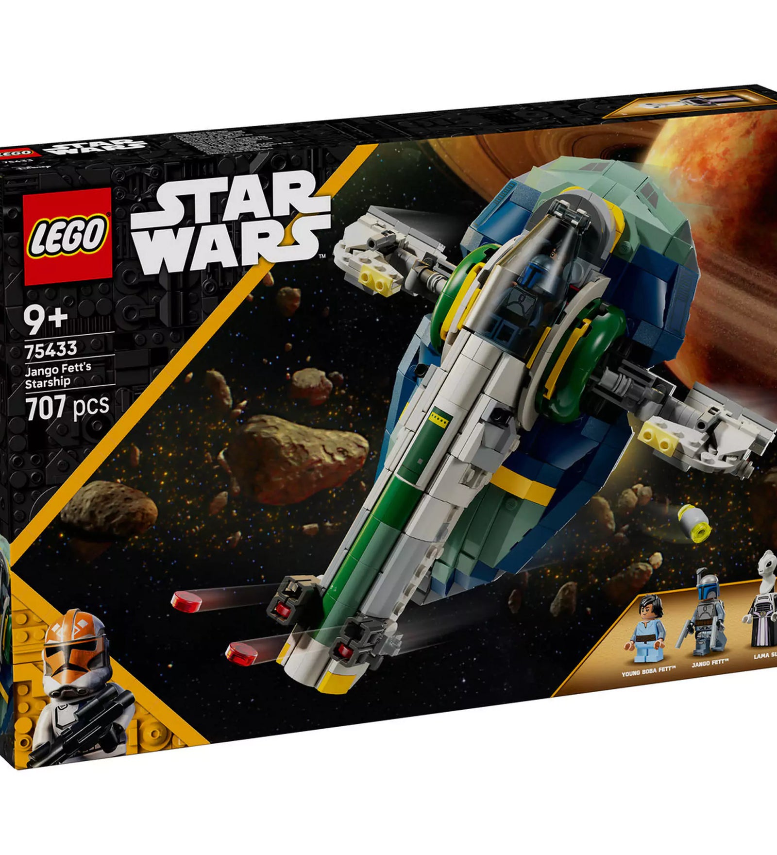 LEGO Star Wars: Jango Fett csillaghajója (75433) dobozkép, a színes 707 elemes űrhajóval és a három LEGO minifigurával.