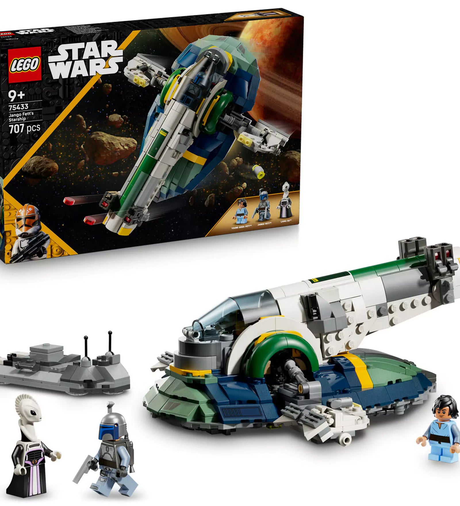 LEGO Star Wars: Jango Fett csillaghajója (75433) készlet dobozzal és összerakott modellel, a három LEGO minifigurával.