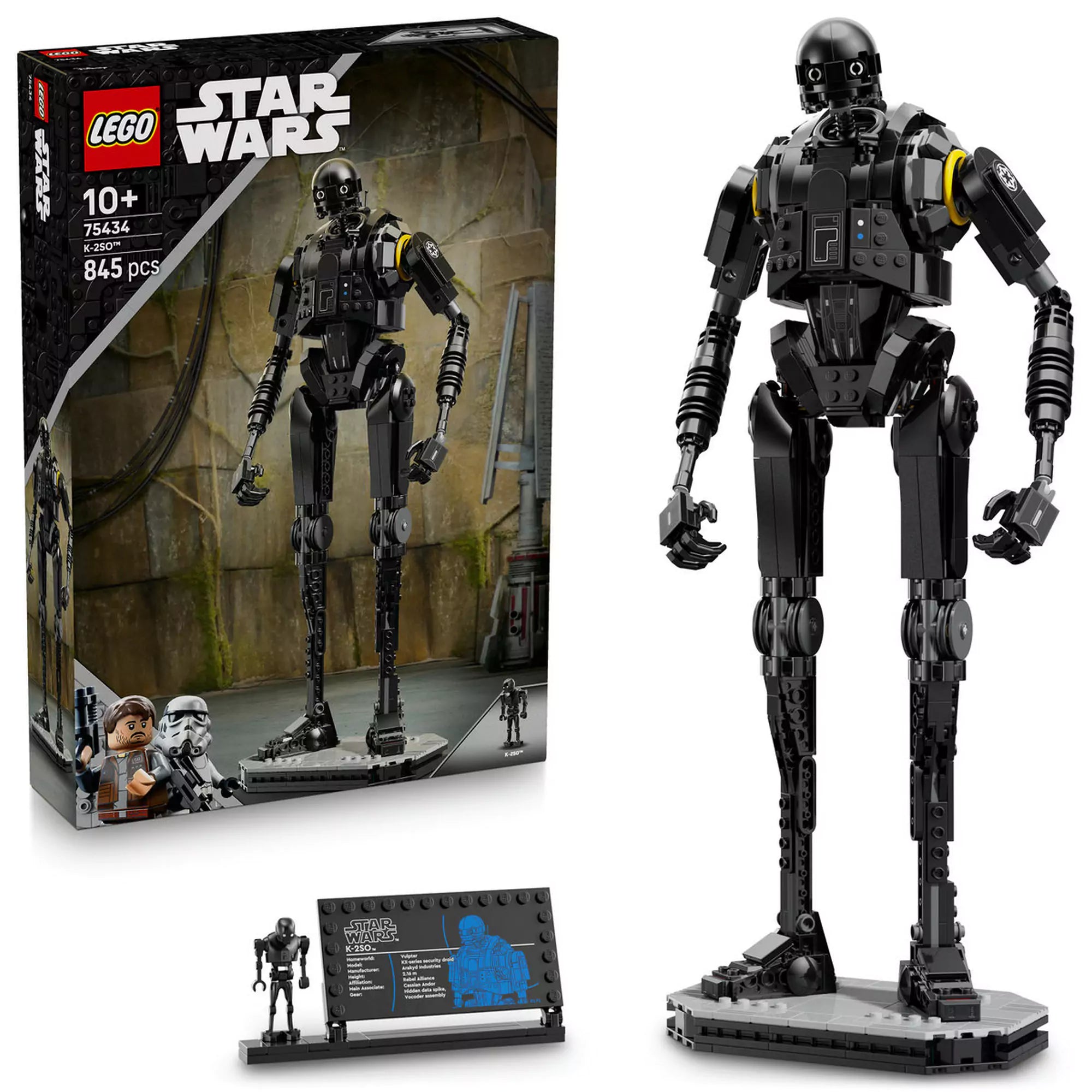 LEGO Star Wars: K-2SO biztonsági droid (75434) modell és doboz – a teljes készlet, a megépített droid, a talapzat, a minifigura és a doboz együtt.