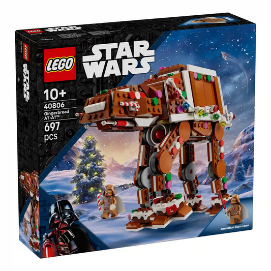 LEGO Star Wars: Mézeskalács AT-AT lépegető 40806 készlet dobozának eleje, karácsonyi díszítésű lépegetővel, havas háttérrel.