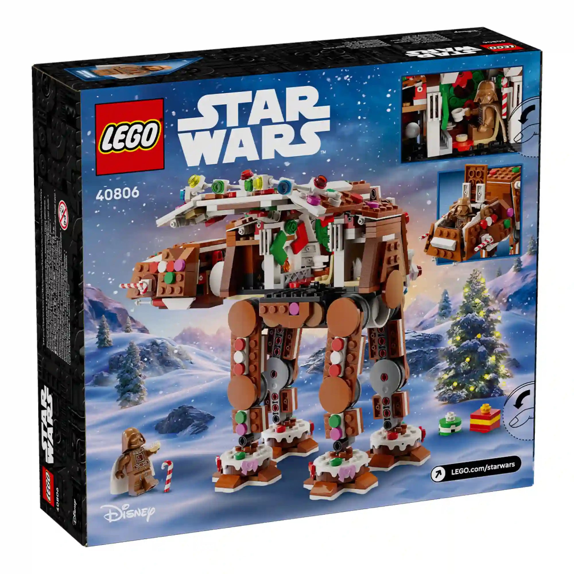 LEGO Star Wars: Mézeskalács AT-AT lépegető 40806 dobozának hátoldala, a kinyitható modell belső terével és részleteivel.