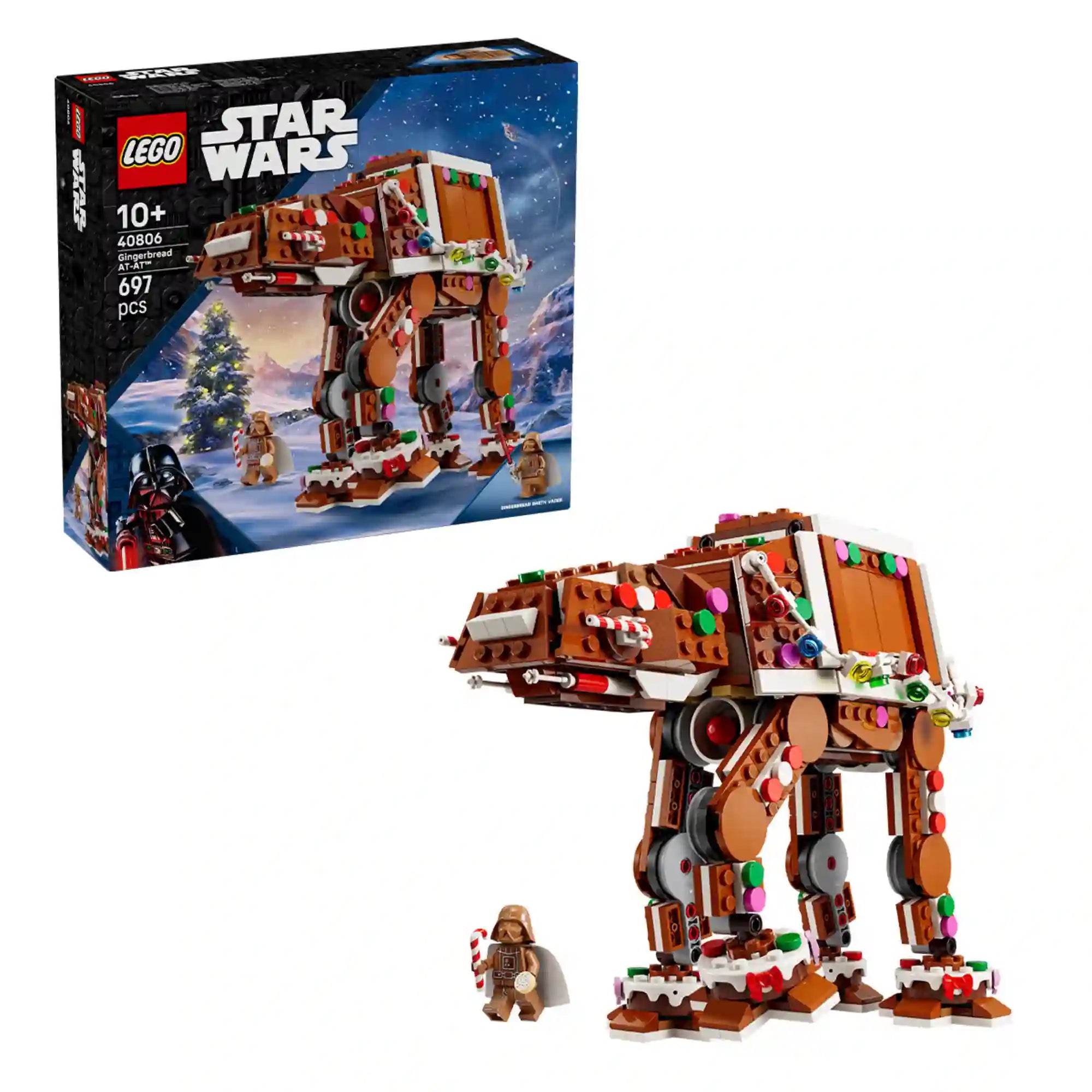 LEGO Star Wars: Mézeskalács AT-AT lépegető 40806 megépített modellje, Darth Vader minifigurával és a készlet dobozával.