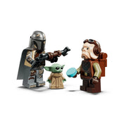 A LEGO Star Wars: Offworld homokkúszó és Mudhorn 75453 minifigurái: a Mandalóri, Grogu és Peli Motto.
