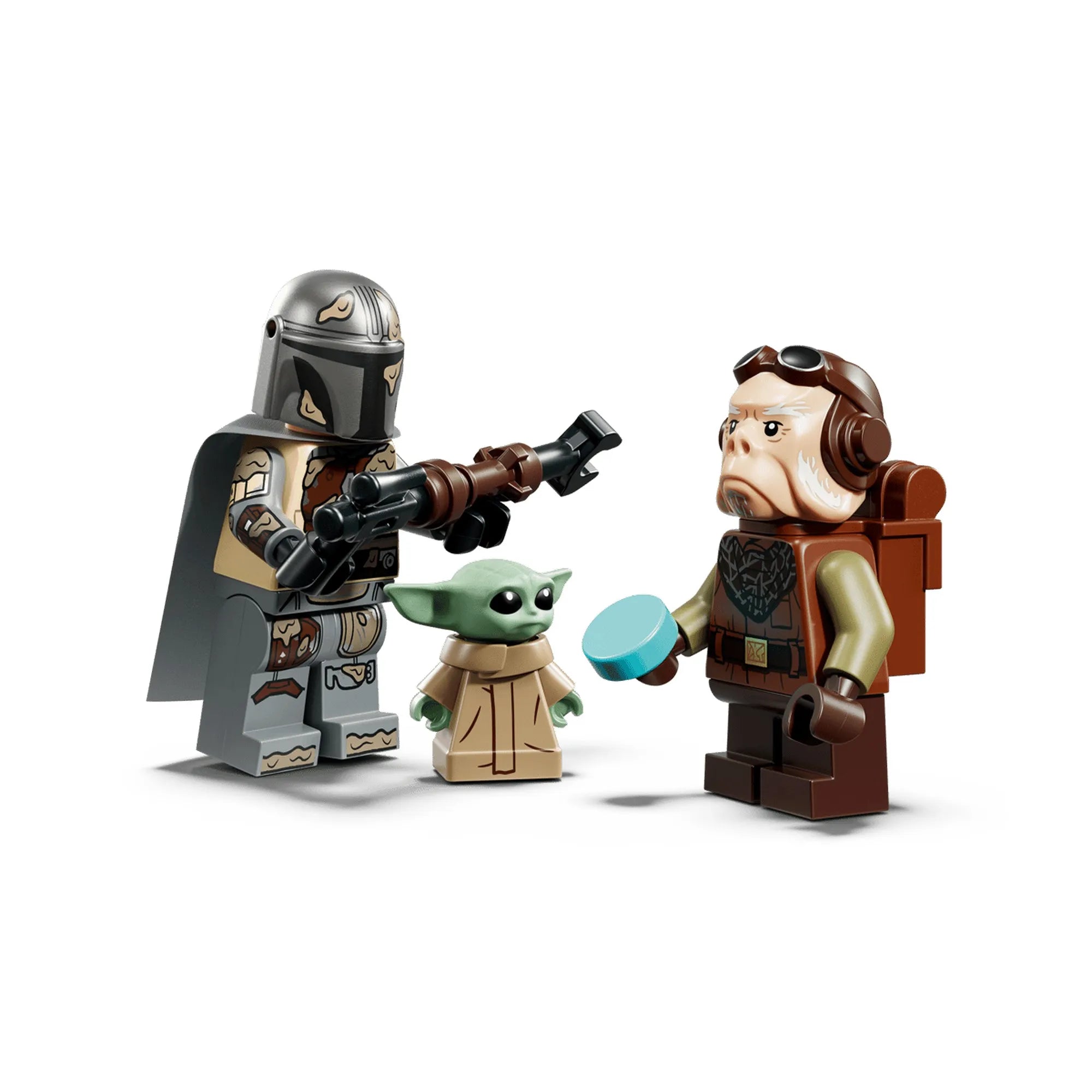 A LEGO Star Wars: Offworld homokkúszó és Mudhorn 75453 minifigurái: a Mandalóri, Grogu és Peli Motto.