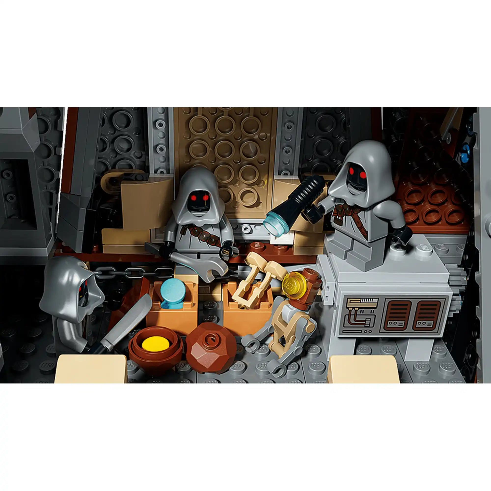A LEGO Star Wars: Offworld homokkúszó és Mudhorn 75453 belső tere Jawák és egy szétszerelt droid jelenetével.