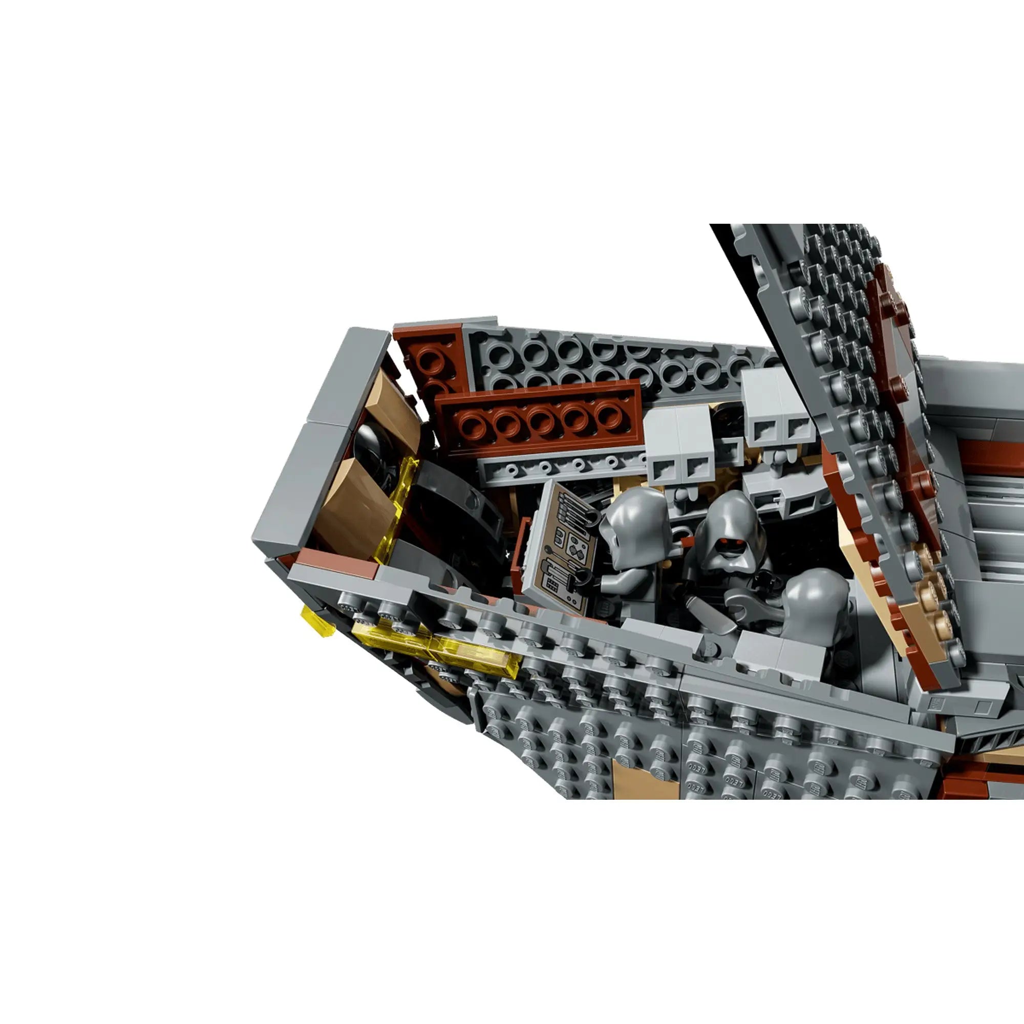 A LEGO Star Wars: Offworld homokkúszó és Mudhorn 75453 felnyitható homokkúszója, amely megmutatja a részletes belső kabint.