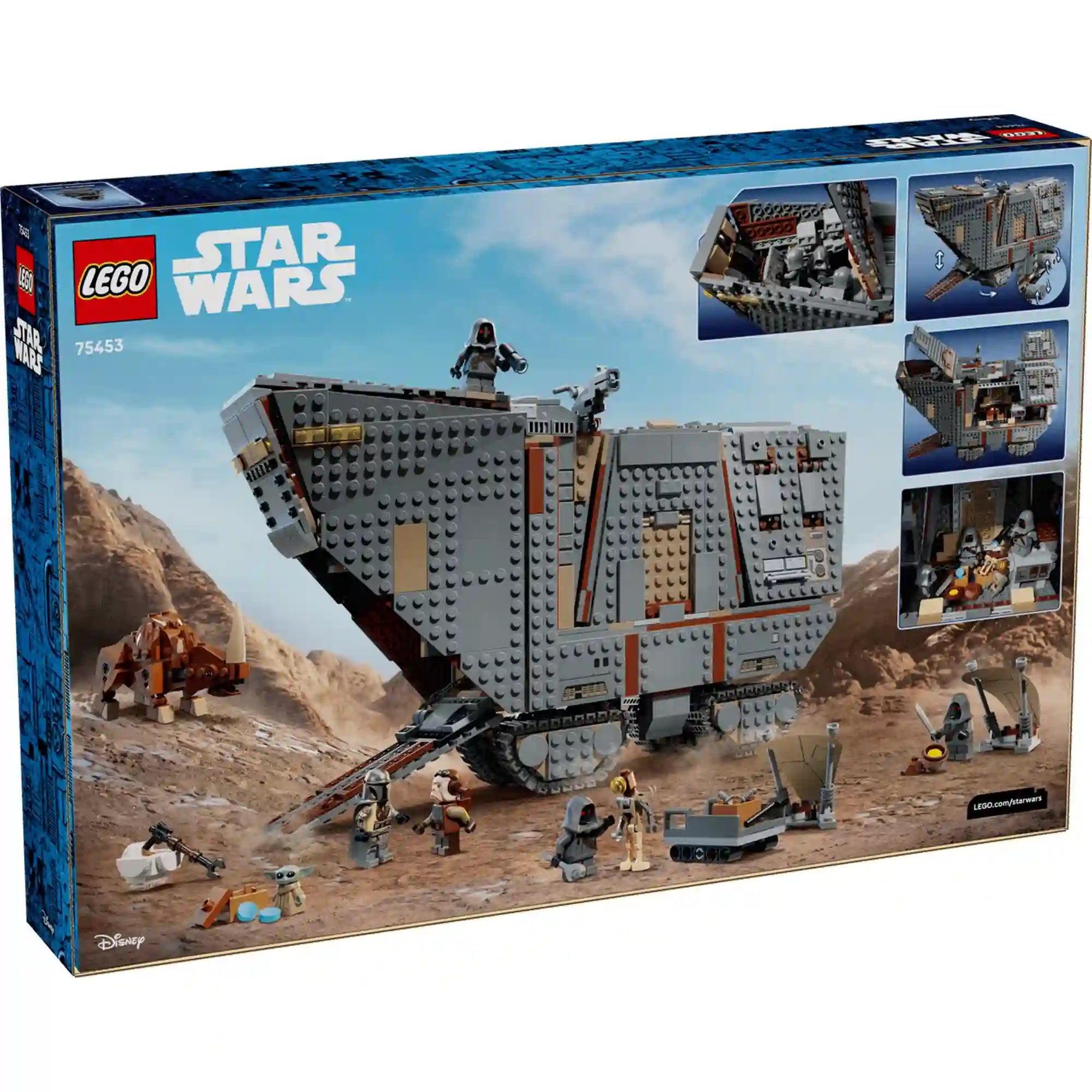 A LEGO Star Wars: Offworld homokkúszó és Mudhorn 75453 készlet dobozának hátoldala, amely bemutatja a jármű funkcióit és a belső részleteket.