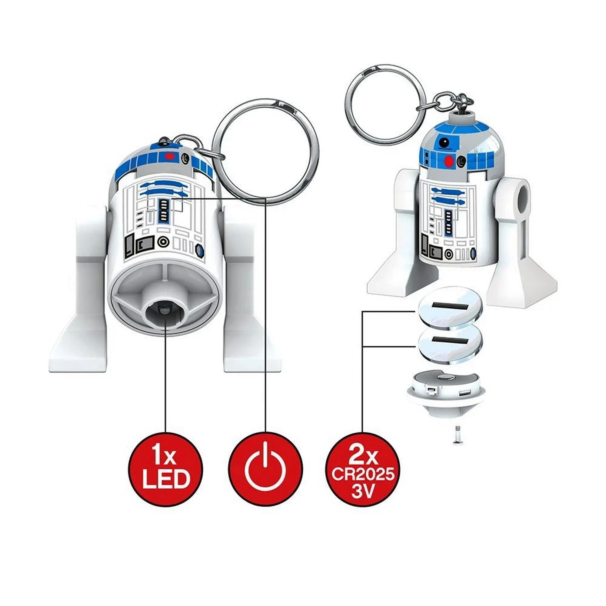 A LEGO Star Wars R2-D2 LED kulcstartó közelről, a LED fény helye és a két CR2025 elem működésének szemléltetésével.