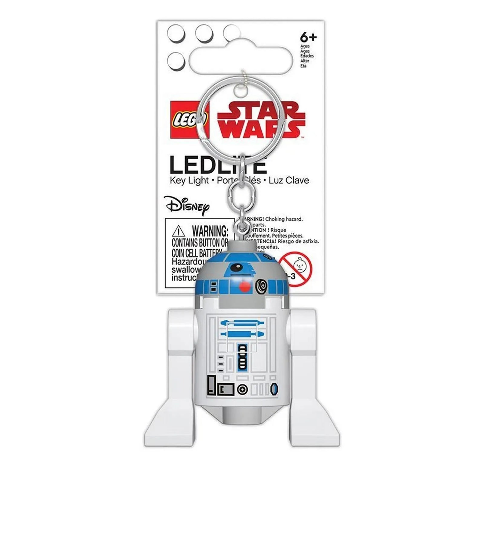 A LEGO Star Wars R2-D2 LED kulcstartó csomagolásban, fehér háttérrel, a Disney és LEGO logóval, valamint figyelmeztető felirattal.