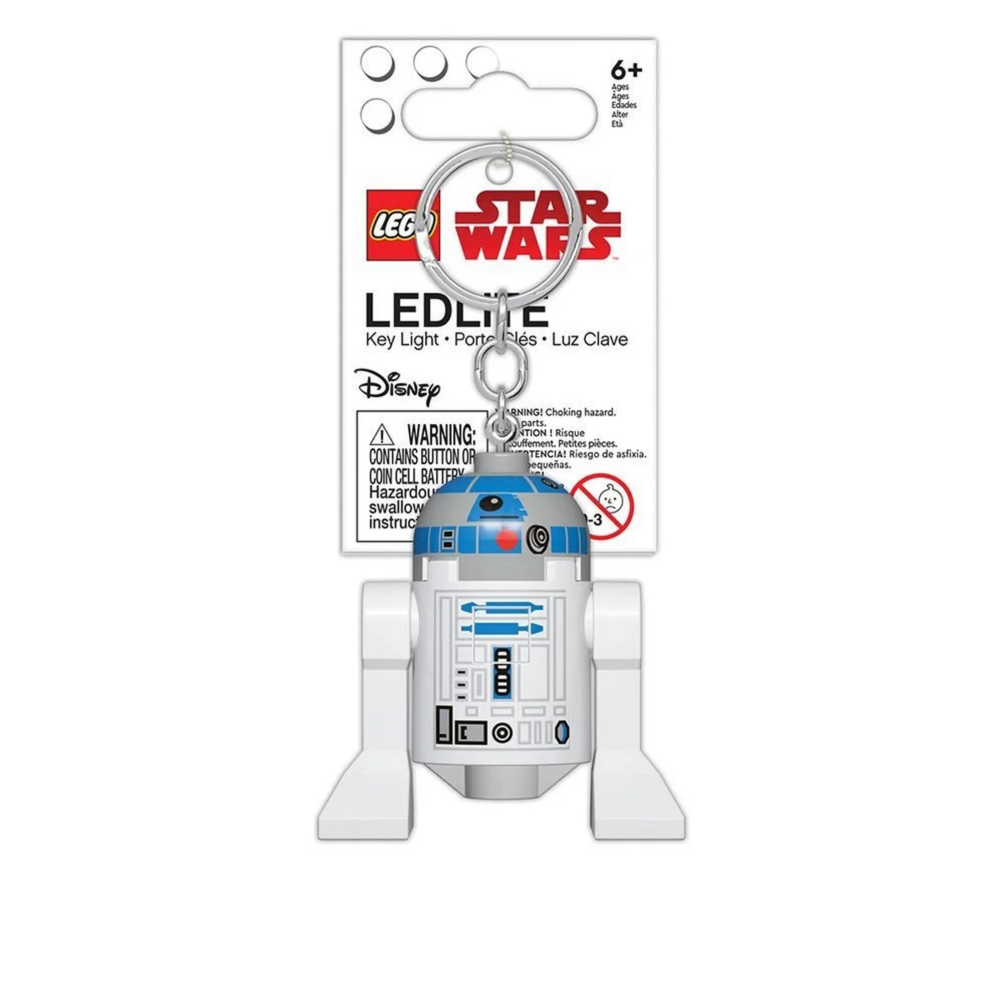 A LEGO Star Wars R2-D2 LED kulcstartó csomagolásban, fehér háttérrel, a Disney és LEGO logóval, valamint figyelmeztető felirattal.