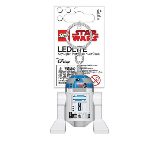 A LEGO Star Wars R2-D2 LED kulcstartó csomagolásban, fehér háttérrel, a Disney és LEGO logóval, valamint figyelmeztető felirattal.