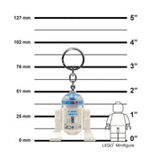 A LEGO Star Wars R2-D2 LED kulcstartó méretarányos bemutatása, mögötte magasságvonalakkal és LEGO minifigura összehasonlítással.