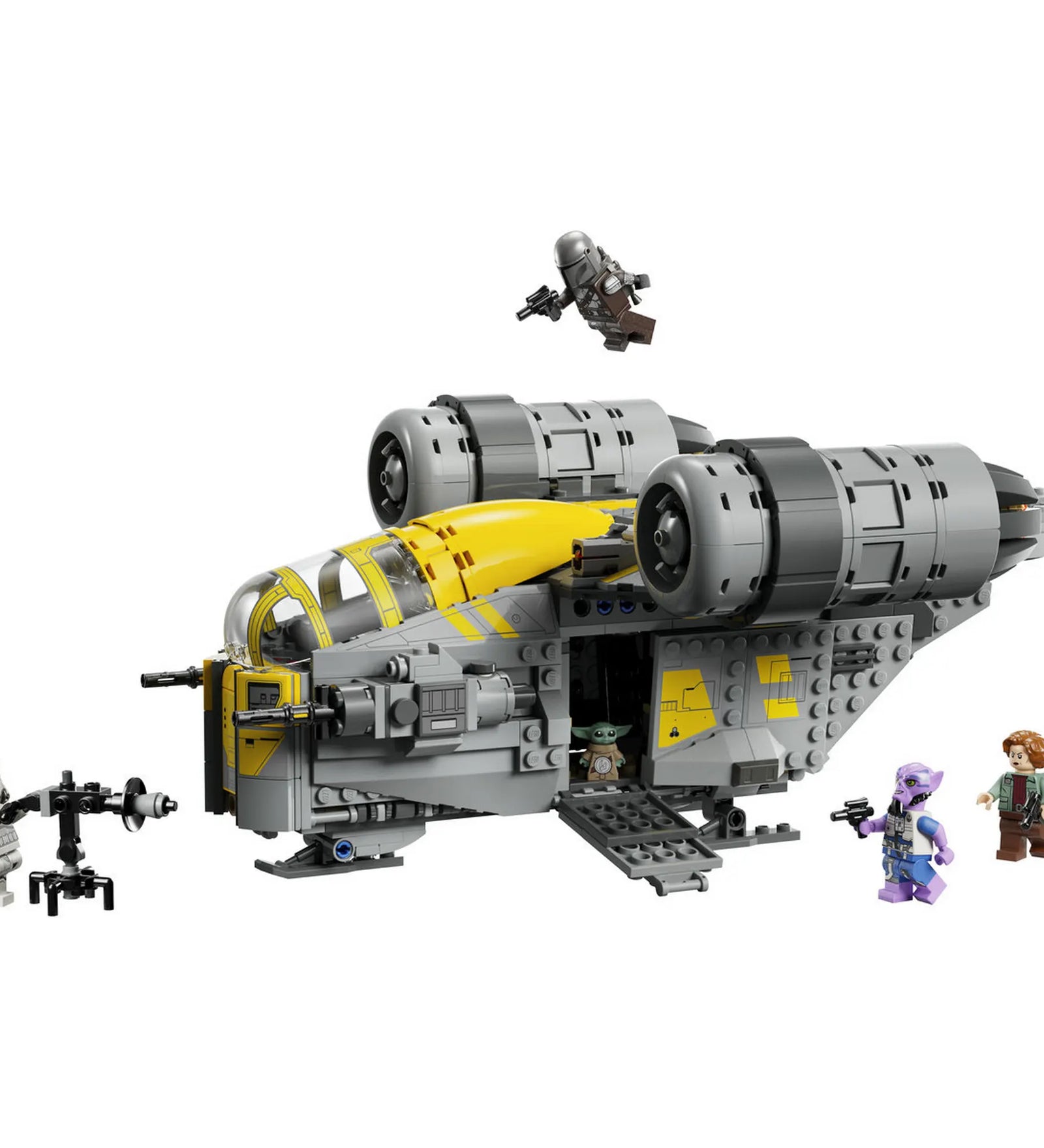 LEGO Star Wars 75447 The Razor Crest űrhajó nyitható raktérrel és repülő Mandalóri figurával, fehér háttéren bemutatva.