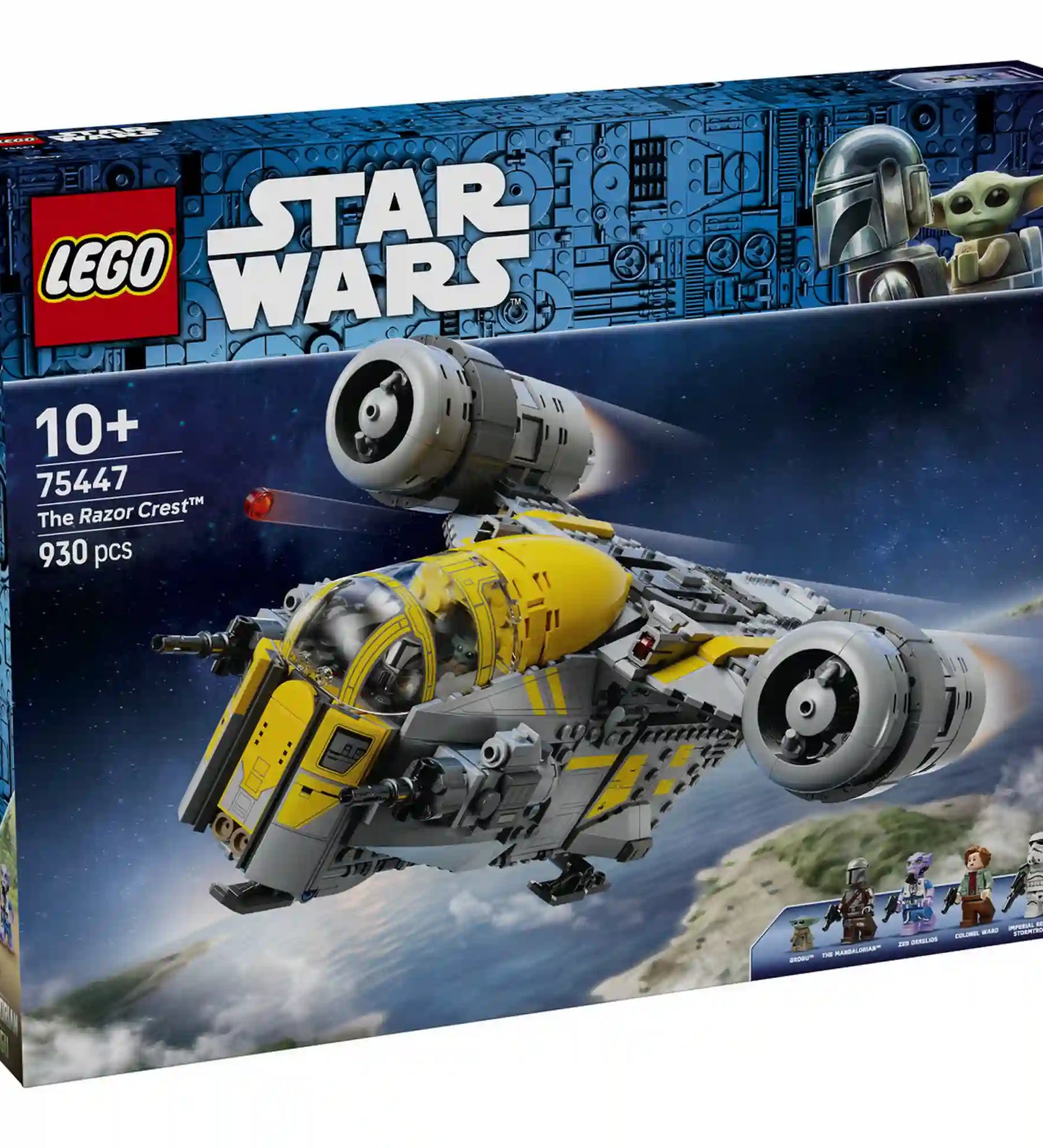 LEGO Star Wars 75447 The Razor Crest doboz eleje, űrhajóval repülés közben és a készlet minifiguráival.
