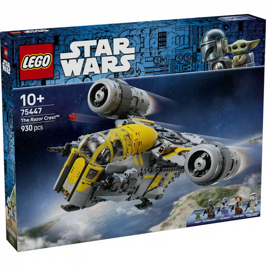 LEGO Star Wars 75447 The Razor Crest doboz eleje, űrhajóval repülés közben és a készlet minifiguráival.