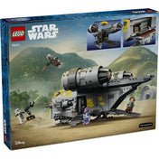LEGO Star Wars 75447 The Razor Crest doboz hátoldala, játéklehetőségekkel és funkciókkal illusztrálva.