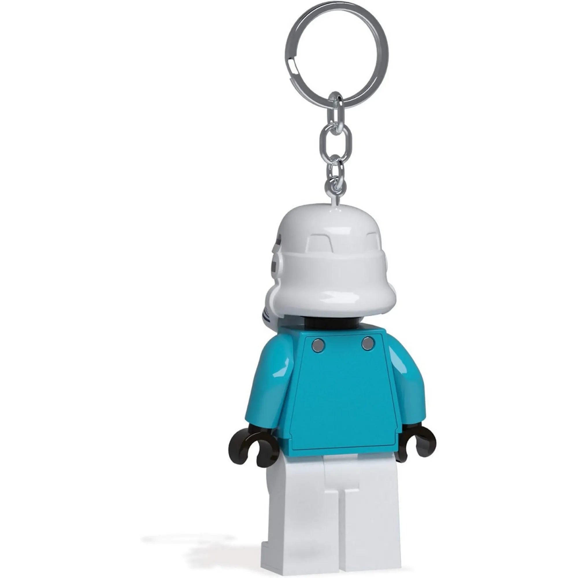 A LEGO Stormtrooper LED kulcstartó hátulról, jól látható a világoskék hátlap és a rögzített kulcskarikás lánc.