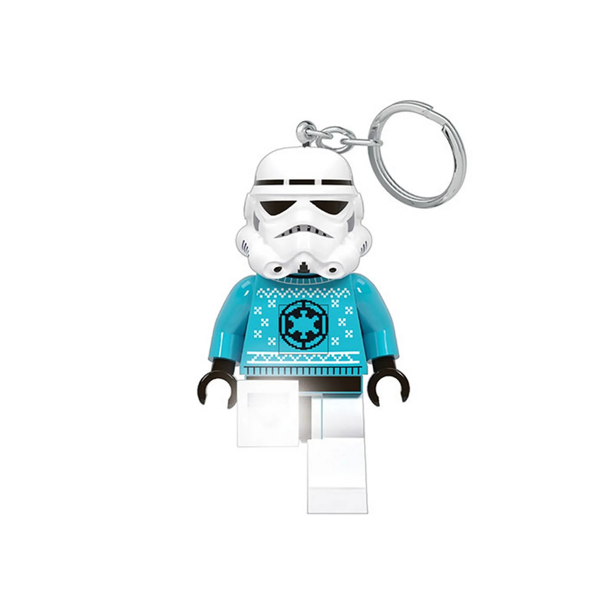 A LEGO Star Wars Stormtrooper LED kulcstartó (LGL-KE174) teljes alakos képe, világoskék karácsonyi pulóverben, fém kulcskarikával.