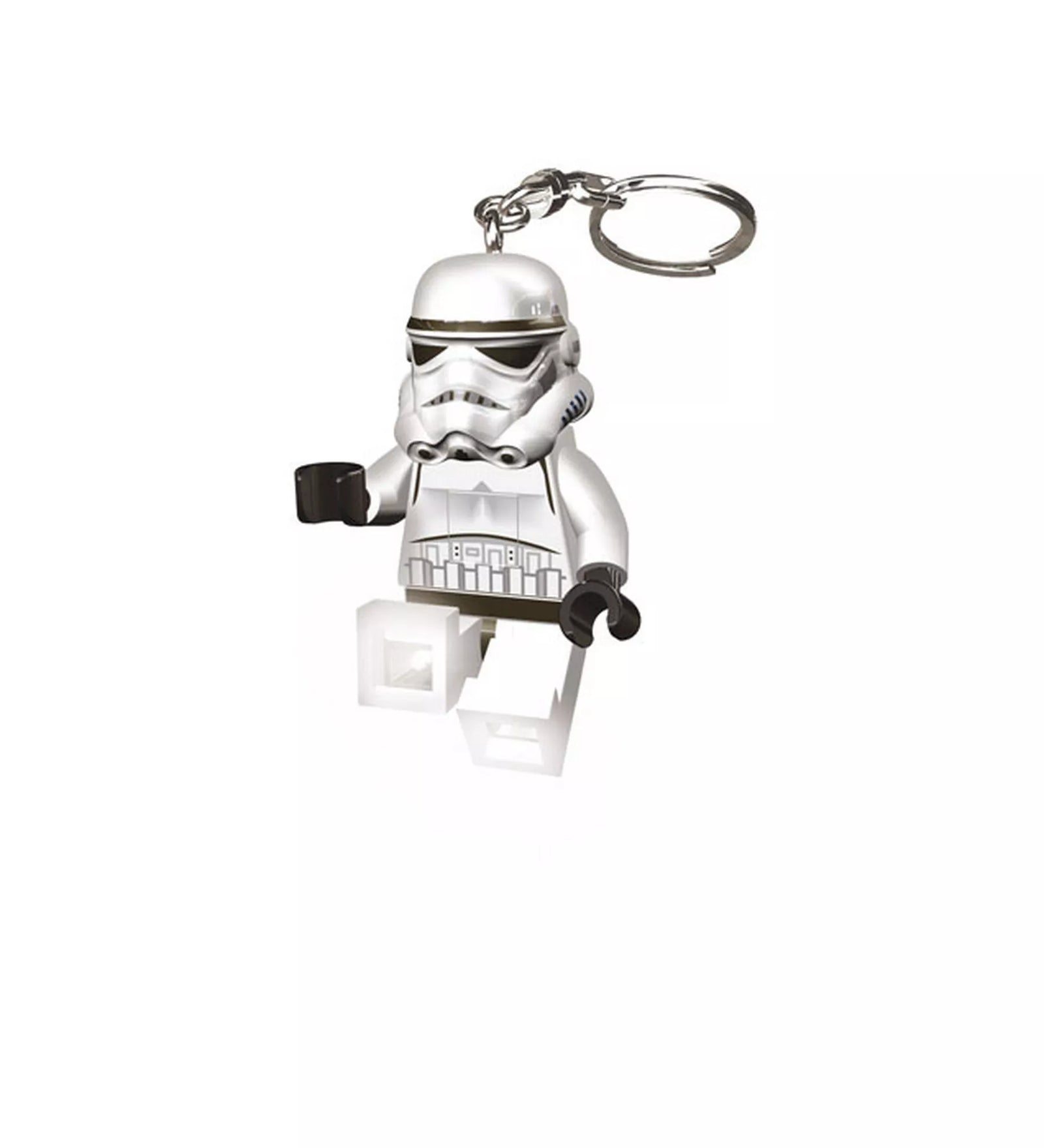 „LEGO Star Wars Stormtrooper LED kulcstartó oldalnézetben, fehér háttérrel. A minifigura mozgatható lábai és karjai jól láthatók, a kulcskarika a sisak tetejéhez kapcsolódik.”