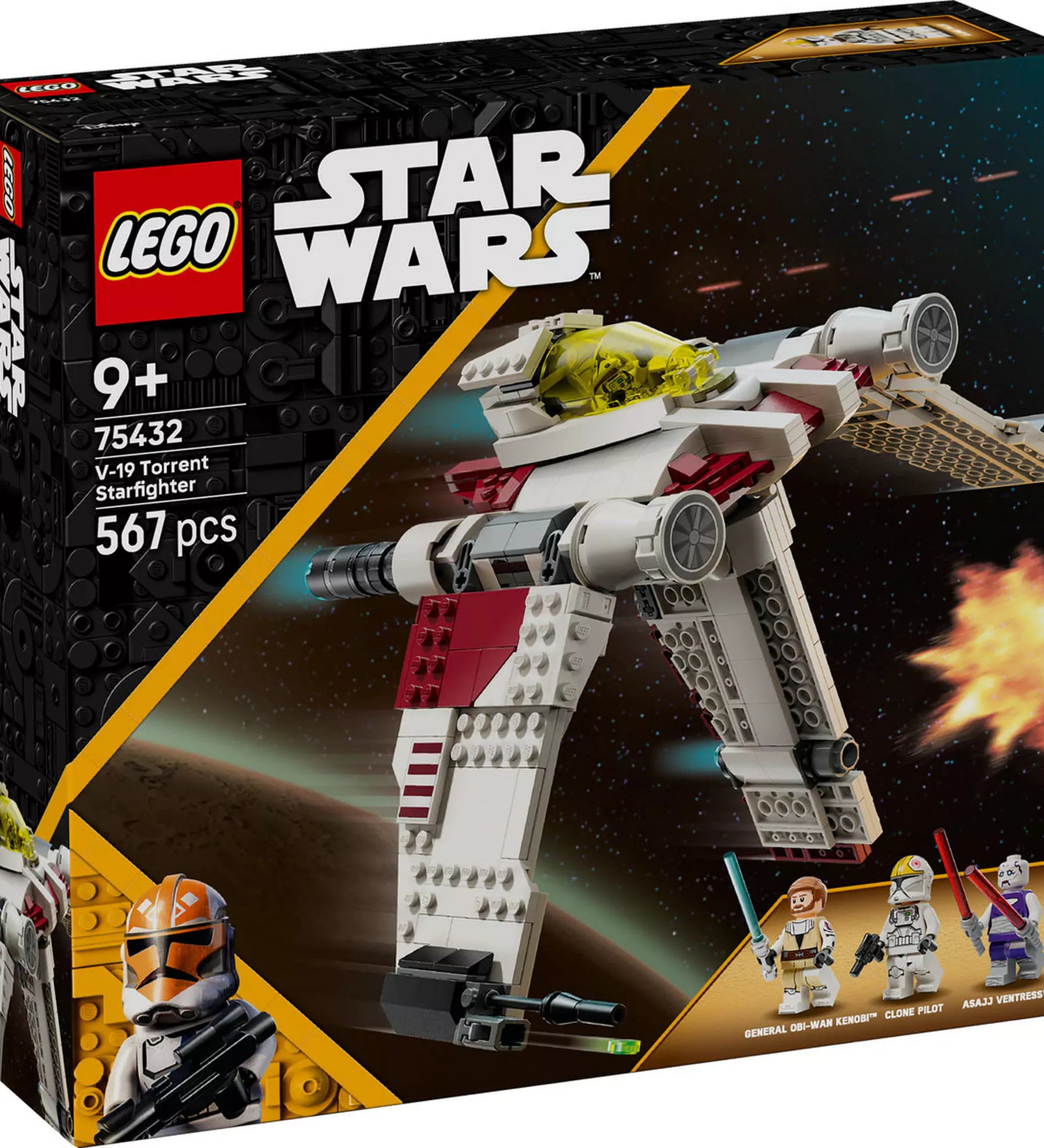 Dobozkép elölről: LEGO Star Wars: V-19 Torrent-osztályú csillagvadász (75432) doboza, a 3 minifigurával és a repülő űrhajóval akció közben.
