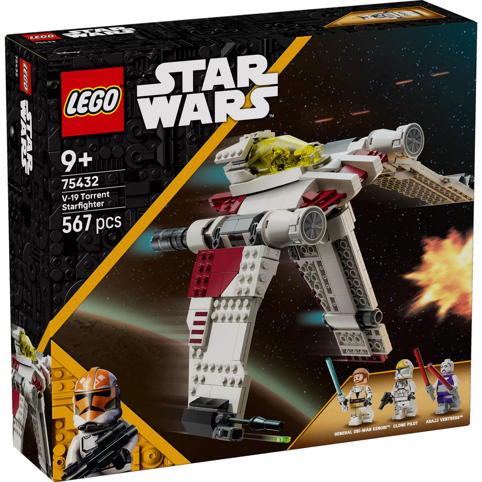 Dobozkép elölről: LEGO Star Wars: V-19 Torrent-osztályú csillagvadász (75432) doboza, a 3 minifigurával és a repülő űrhajóval akció közben.