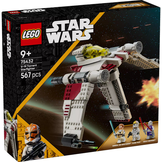 Dobozkép elölről: LEGO Star Wars: V-19 Torrent-osztályú csillagvadász (75432) doboza, a 3 minifigurával és a repülő űrhajóval akció közben.