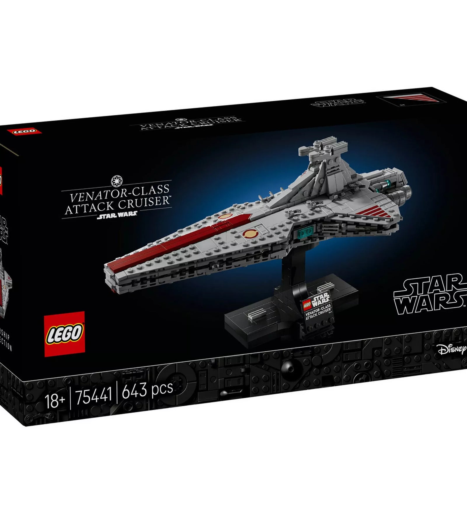 LEGO Star Wars 75441 Venator-osztályú támadó cirkáló építőkészlet dobozának előlapja, a közepes méretarányú Venator modell kiállító talapzaton, névtáblával, 18+ jelöléssel.