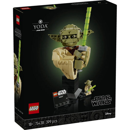 LEGO Star Wars Yoda mellszobor (75438) készlet doboza, fekete háttérrel, középen a megépített Yoda modell zöld fénykarddal, jobb oldalon funkciók és minifigura.