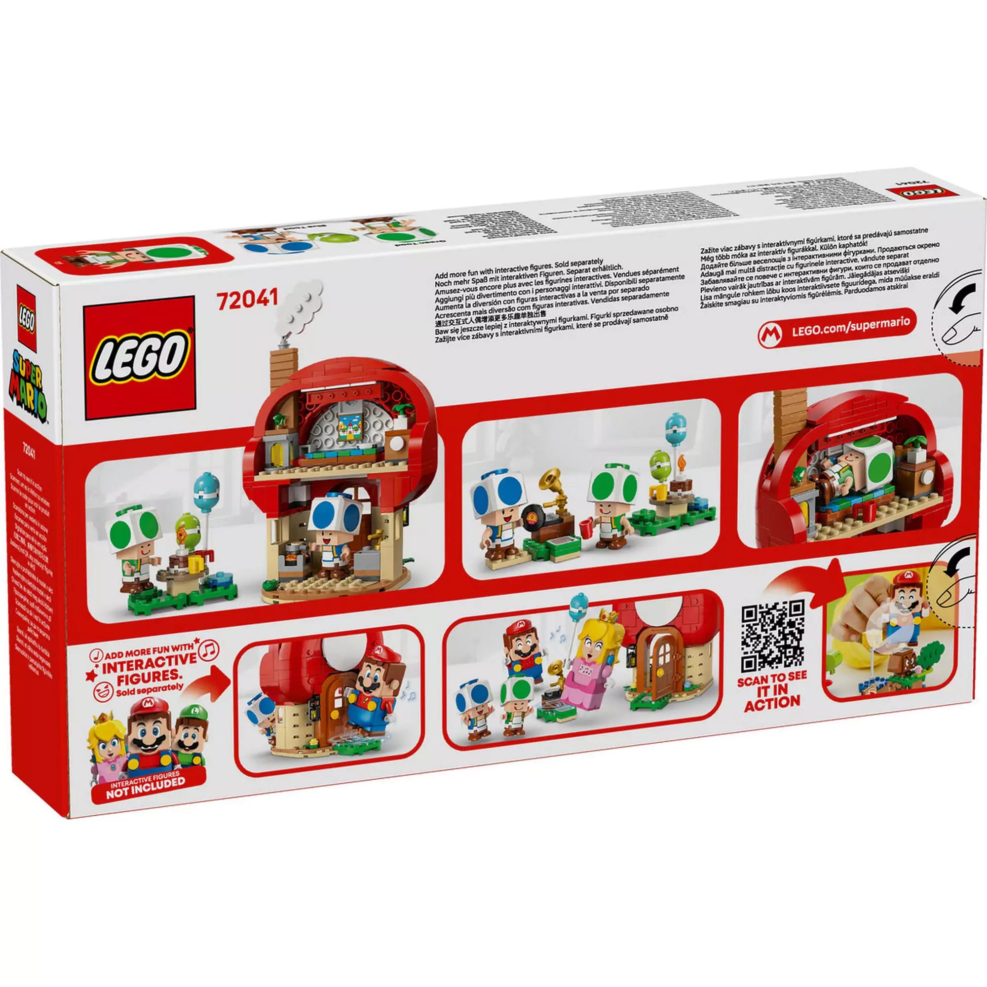 LEGO Super Mario: Buli Toad házában (72041) doboz hátulja – A játéklehetőségeket és interaktív funkciókat bemutató illusztrációk.