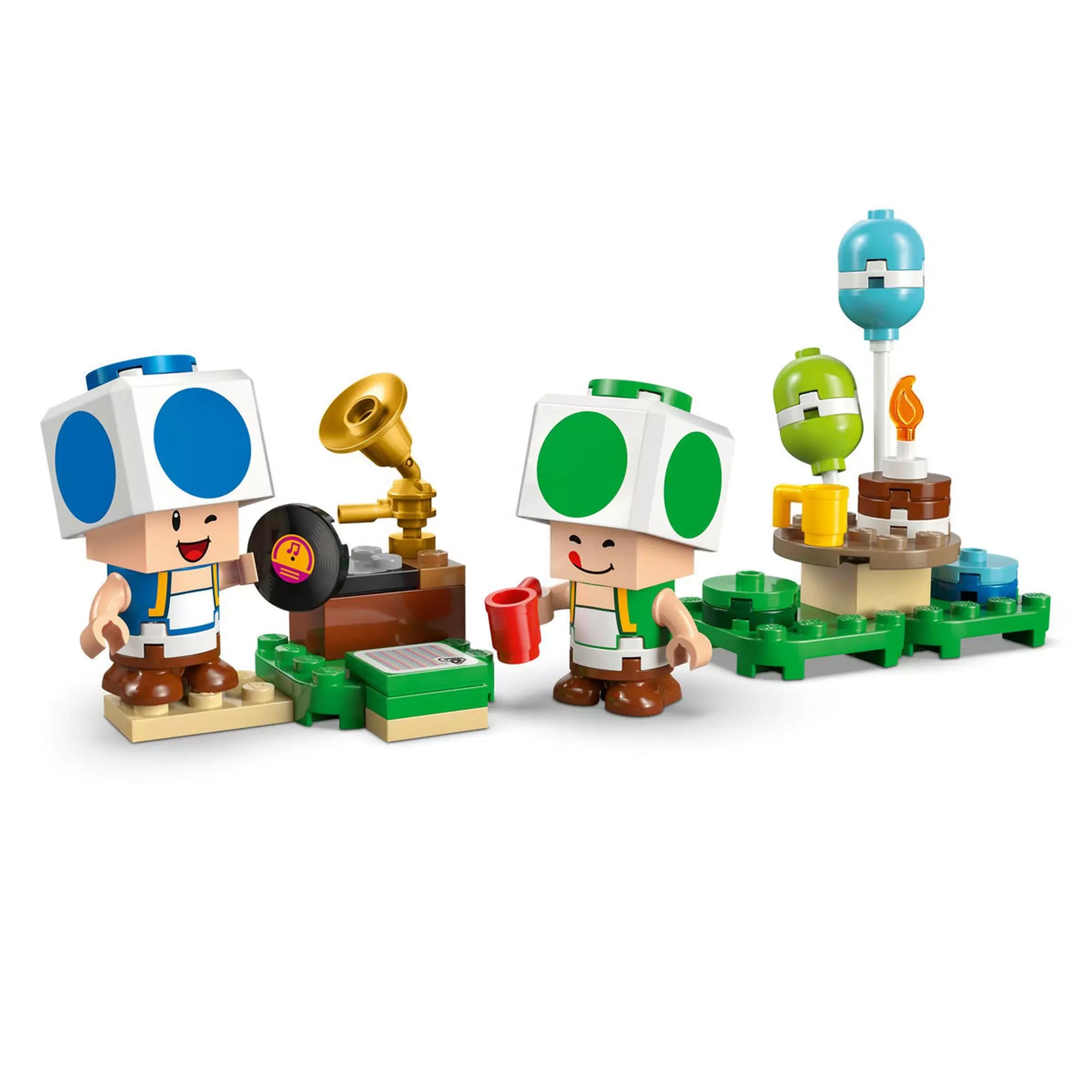 LEGO Super Mario: Buli Toad házában (72041) Toad figurák a gramofonnal – A két Toad figura a zenélő gramofon és a parti kiegészítők mellett.