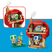 LEGO Super Mario: Buli Toad házában (72041) belső tér és kert – A ház konyhával és hálószobával, a kertben tortával és léggömbökkel.