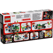 A LEGO Super Mario Mario Kart, Baby Mario és Baby Luigi (72034) dobozának hátoldala, részletes funkciókkal és kiegészítőkkel.