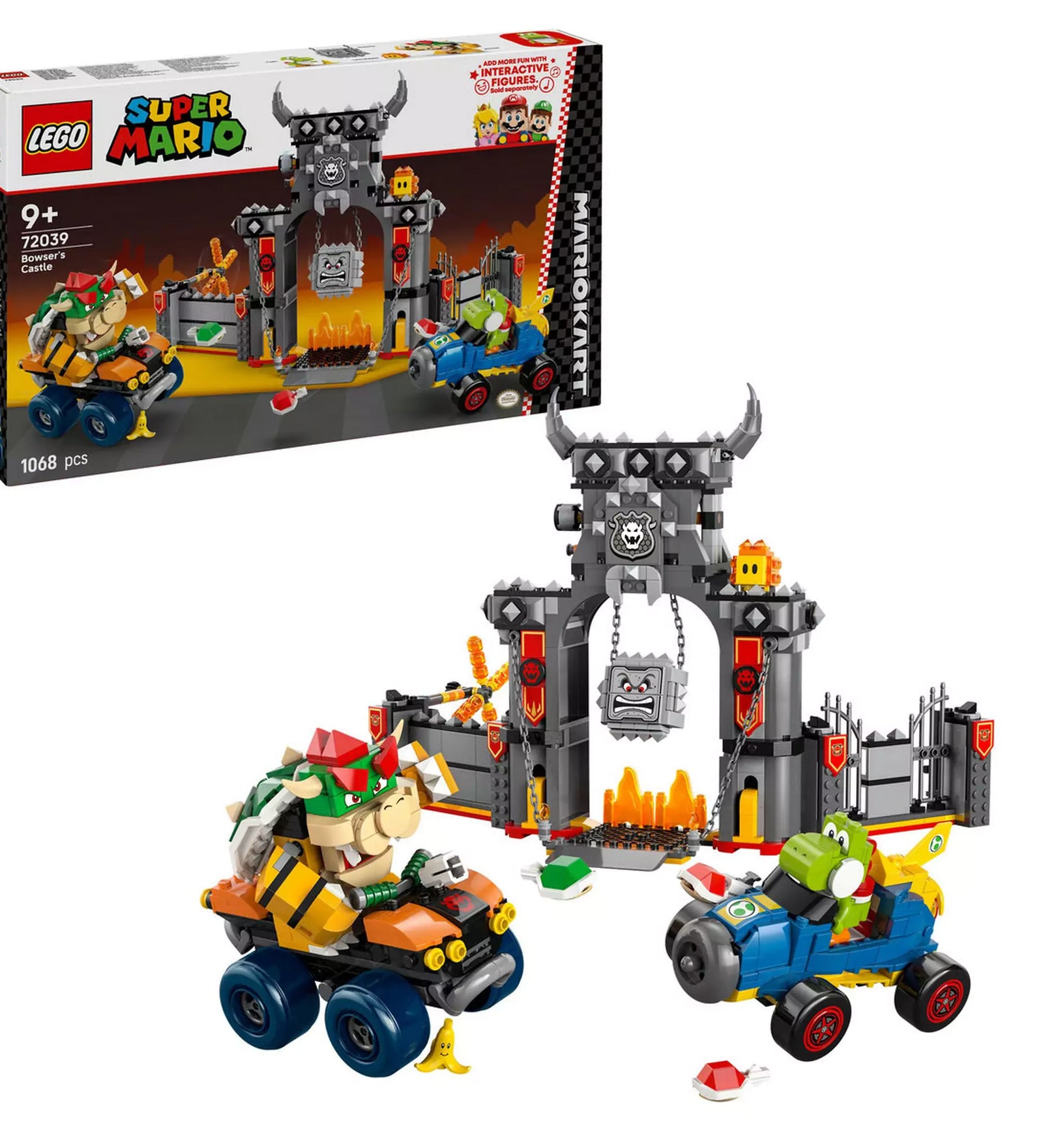 LEGO Super Mario: Mario Kart, Bowser kastélya (72039) teljes készlet és doboz, Bowser és Yoshi járműveivel a kastély előtt.