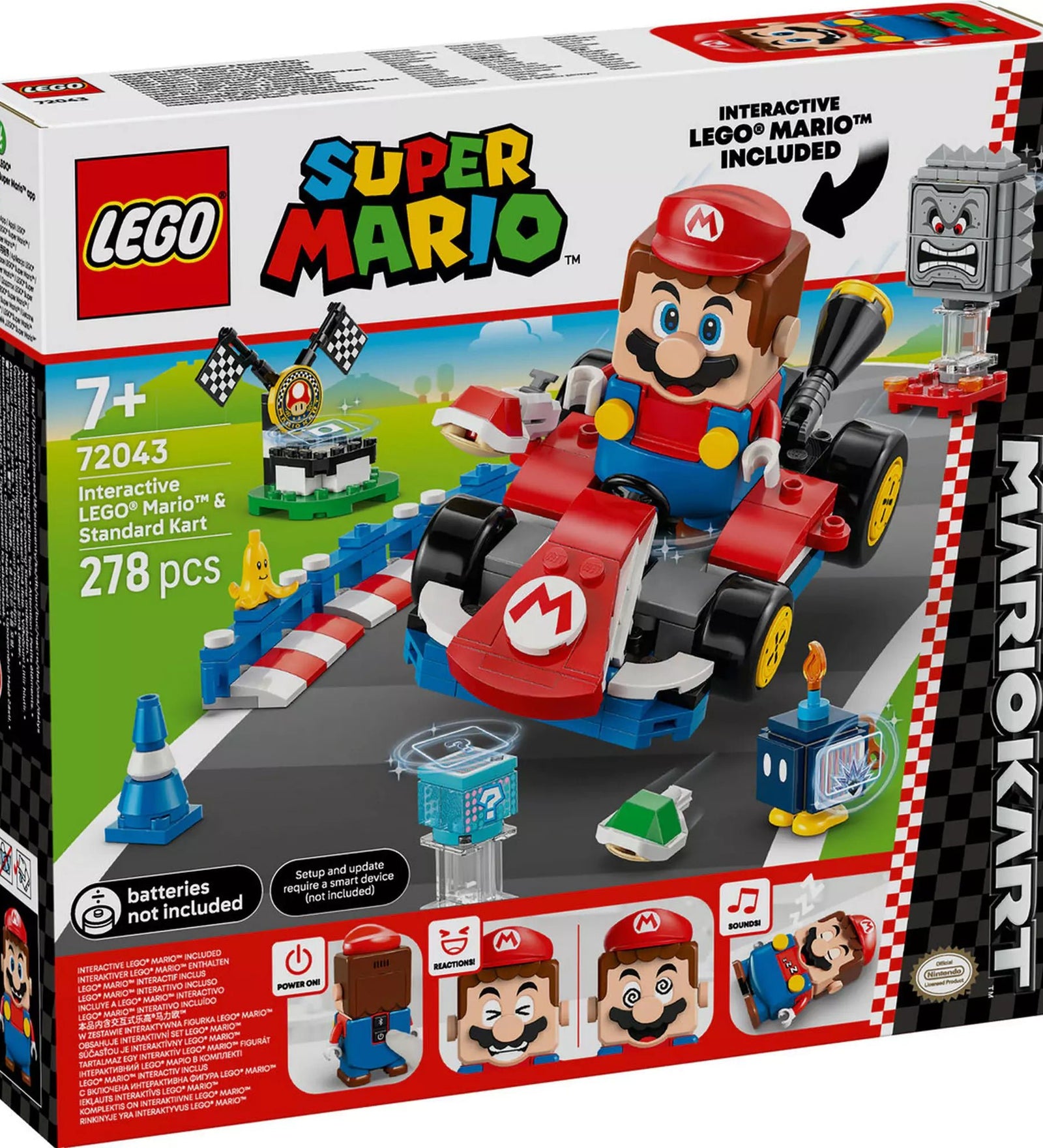 72043 LEGO Super Mario dobozkép – A LEGO Super Mario: Mario Kart készlet doboza, rajta az interaktív LEGO Mario figurával és a piros Standard Kart járművel.