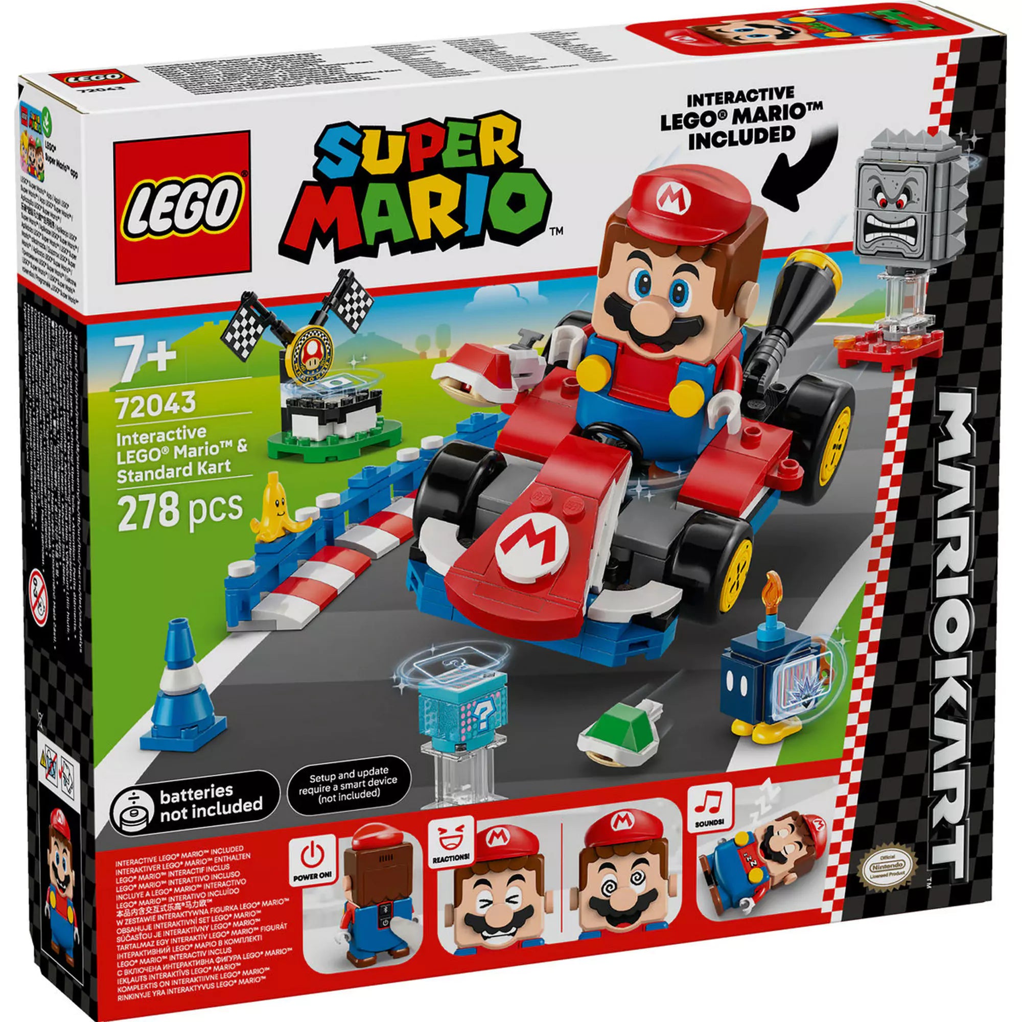 72043 LEGO Super Mario dobozkép – A LEGO Super Mario: Mario Kart készlet doboza, rajta az interaktív LEGO Mario figurával és a piros Standard Kart járművel.