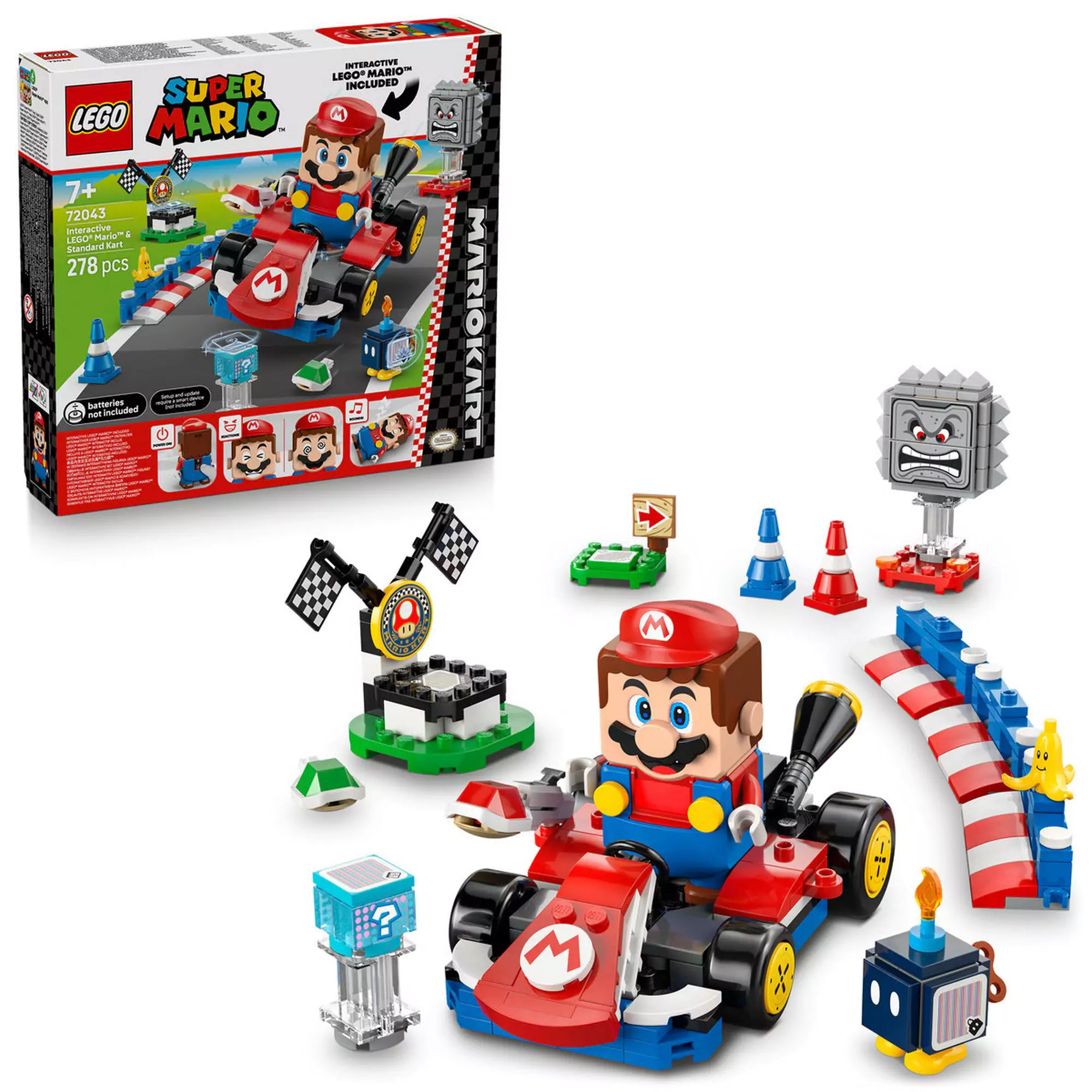 72043 LEGO Super Mario dobozzal és pályával – A LEGO Super Mario: Mario Kart készlet a dobozzal és az összes pályaelemmel bemutatva.