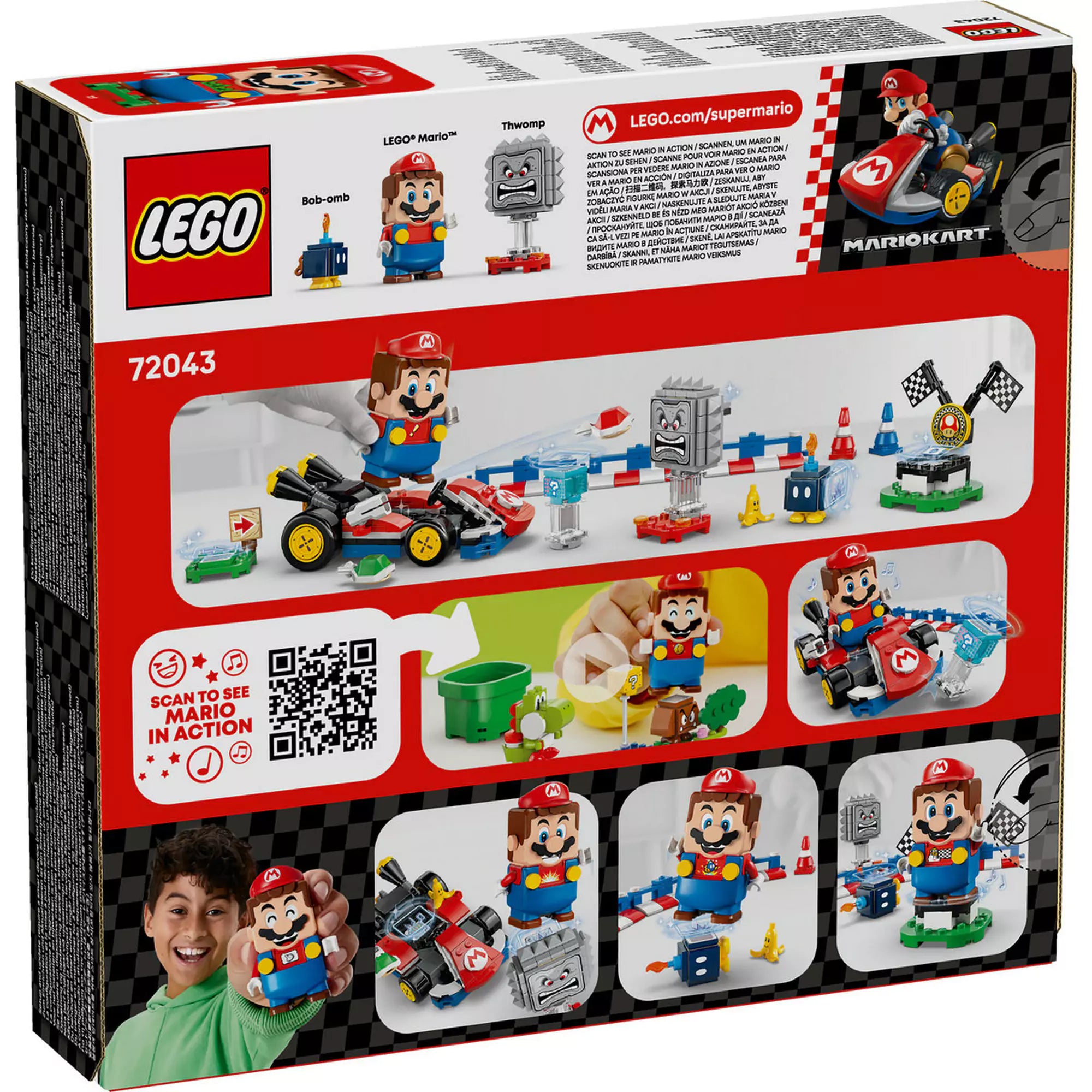 72043 LEGO Super Mario hátlap – A LEGO Super Mario: Mario Kart készlet dobozának hátoldala, bemutatva a pályaelemeket, karaktereket és játékmenetet.