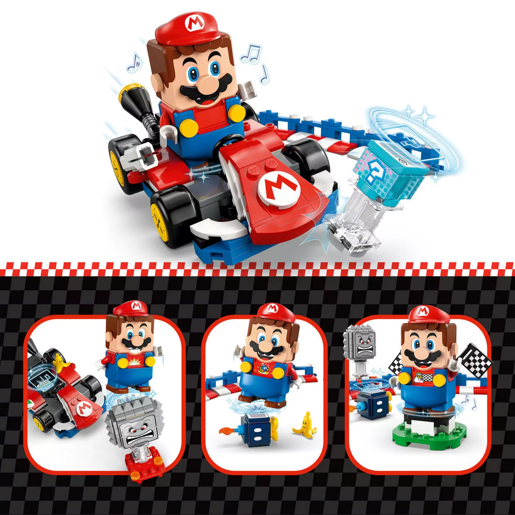 72043 LEGO Super Mario interaktív funkciók – A LEGO Super Mario: Mario Kart készlet interaktív funkciói, hang- és fényhatásokkal, LEGO Mario a pályán.