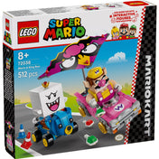 LEGO Super Mario: Mario Kart – Wario és King Boo dobozkép, Wario rózsaszín Badwagon és King Boo kék Teddy Buggy gokartjaival.