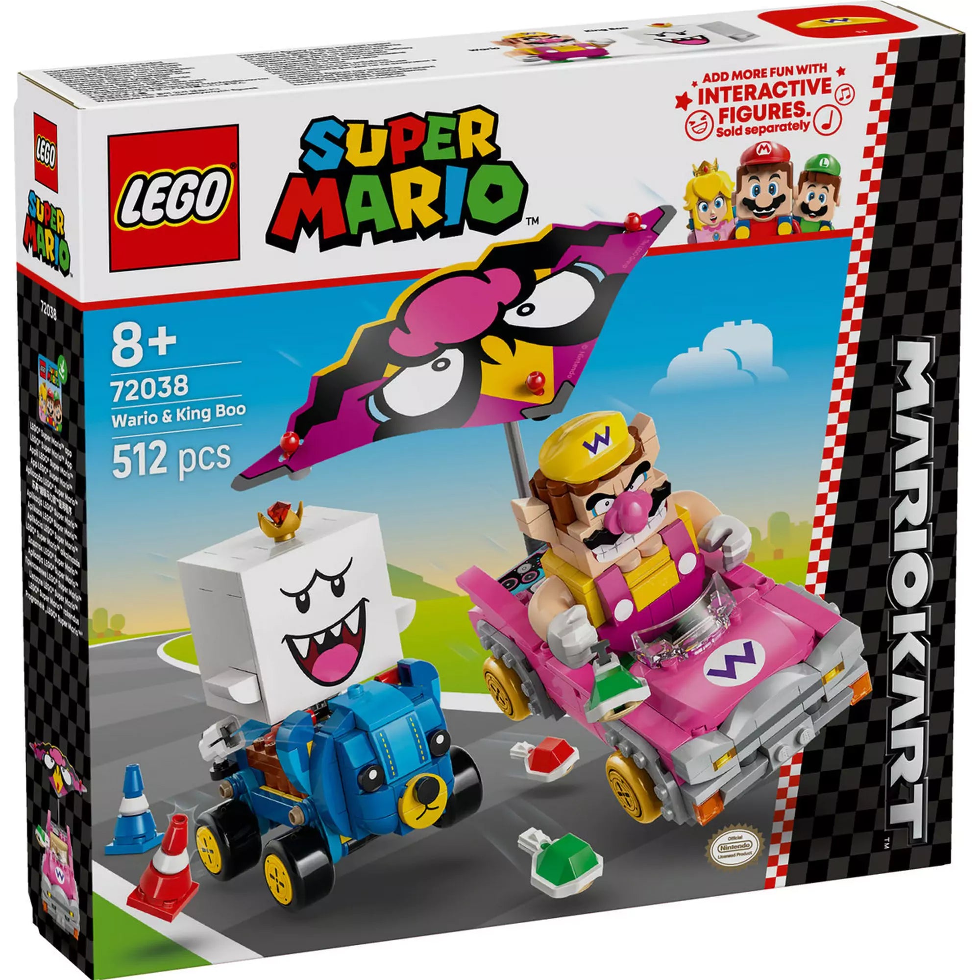 LEGO Super Mario: Mario Kart – Wario és King Boo dobozkép, Wario rózsaszín Badwagon és King Boo kék Teddy Buggy gokartjaival.