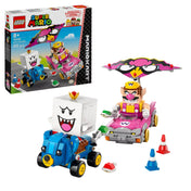 LEGO Super Mario: Mario Kart – Wario és King Boo teljes készlet, doboz és összerakott gokartok bójákkal és kagylóval.