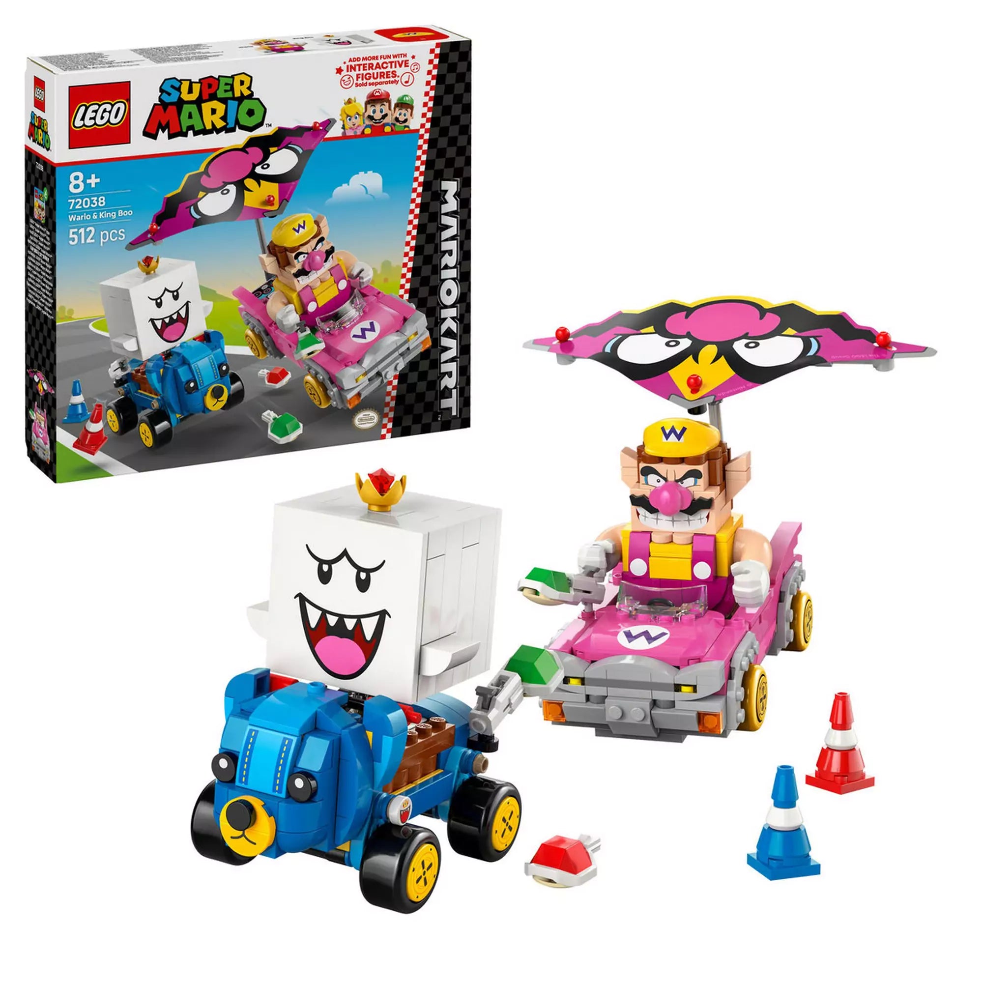 LEGO Super Mario: Mario Kart – Wario és King Boo teljes készlet, doboz és összerakott gokartok bójákkal és kagylóval.