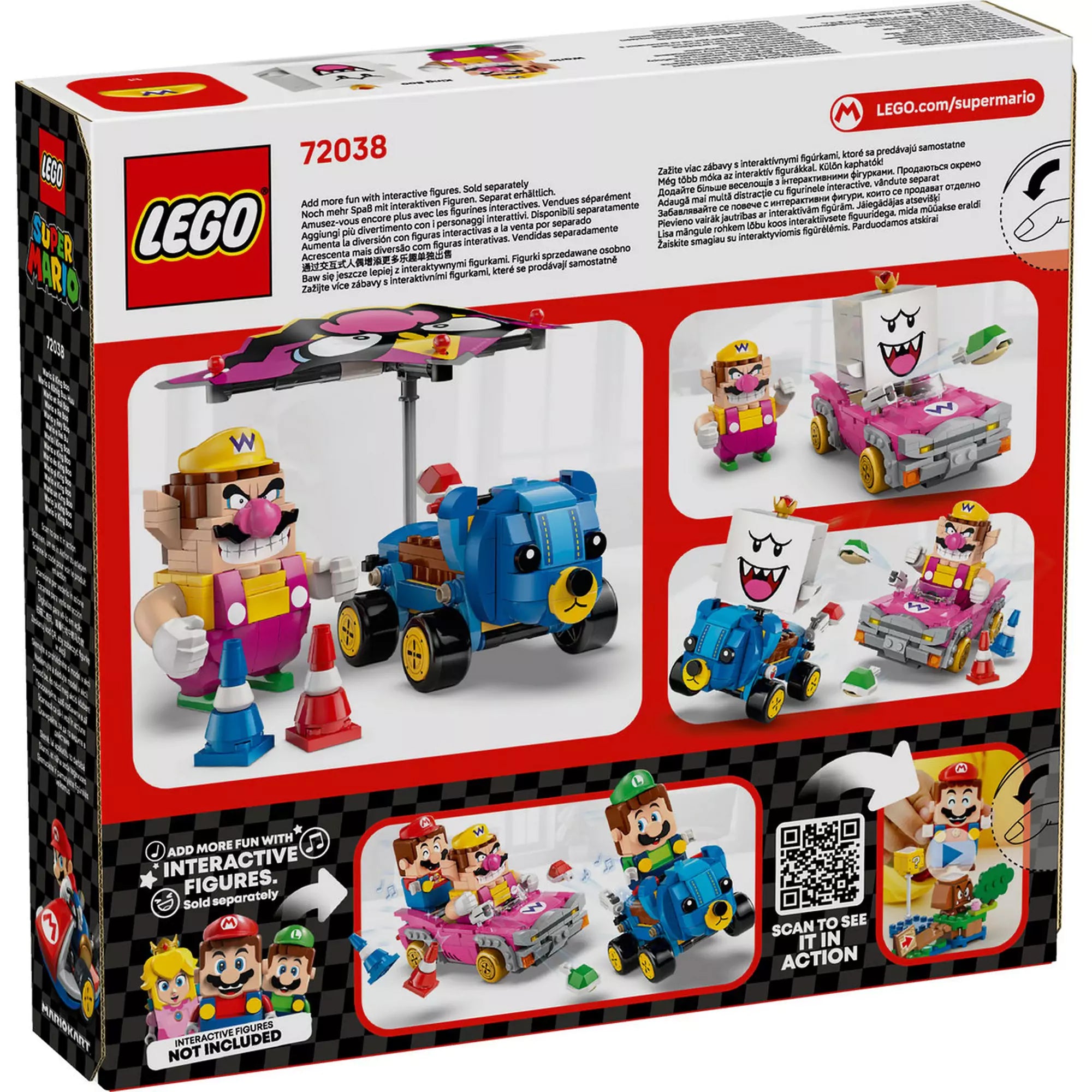 LEGO Super Mario: Mario Kart – Wario és King Boo doboz hátlap, játéklehetőségek és interaktív figurák bemutatása.